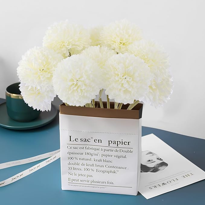 12 Pcs Artificial Chrysanthemums Flowers Silk Ball White Flowers Fake Mums Spring Flowers for Valentine‘s Day Wedding Home Decor (12, White)