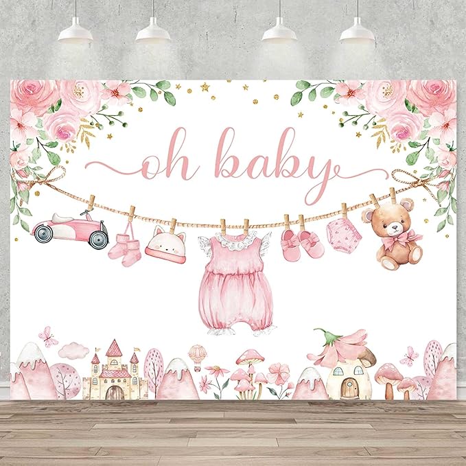 Sensfun Cute Clothes Baby Shower Backdrop for Girls Oh Baby Girl Newborn Pink Floral Eucalyptus Leaves Adventure Baby Shower Party Decorations Banner Supplies Photo Booth Studio Props 8x6ft