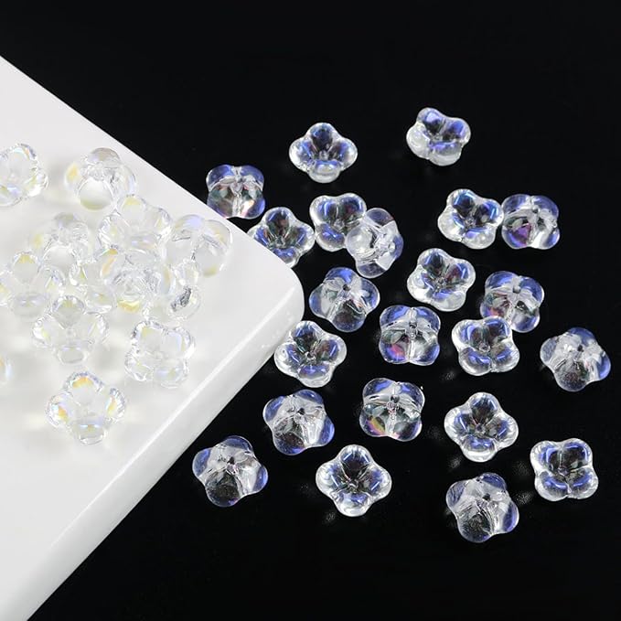 100PCS Glass Flower Beads for Jewelry Making 4 Petal Flower Bead Caps Gradient Cute Floral Beads Aesthetic Charms for Necklace Bracelets Earrings DIY Craft Home Decoration-AB White