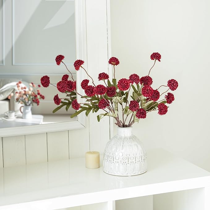 Laelfe Artificial Kiku Flower Wind Red- 5 Pcs Fake Pompon Mums Silk Small Chrysanthemum Faux Ball Fall Flower Stem Decor for Wedding Filler DIY Bouquet Centerpieces Arrangements Shower (Dark Red)