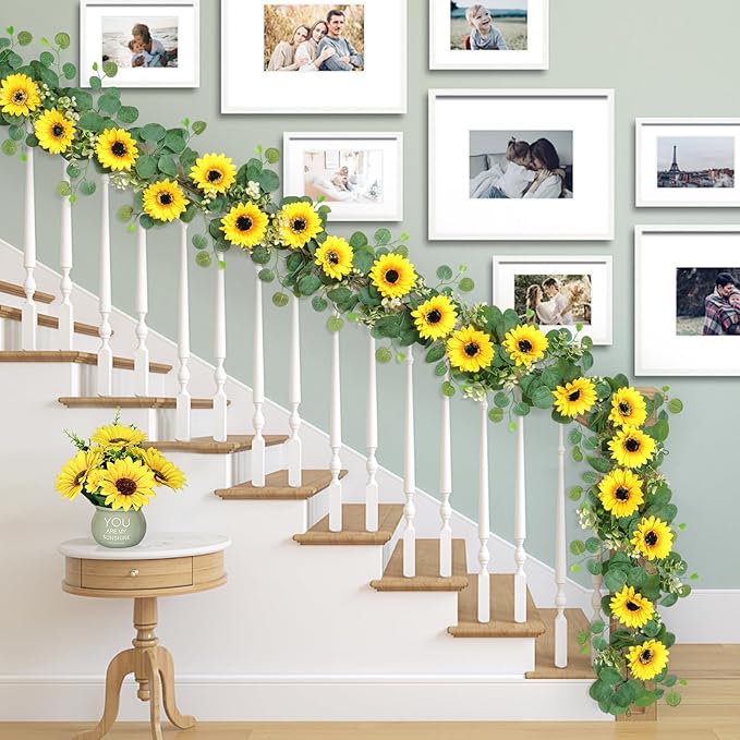 SOMYTING Artificial Sunflower Garland, 4 Packs 6ft Silk Sunflowers Vines Hanging Flowers Garland with Green Leaves for Party Baby Shower Birthday Wedding Room Decor (4PCS)
