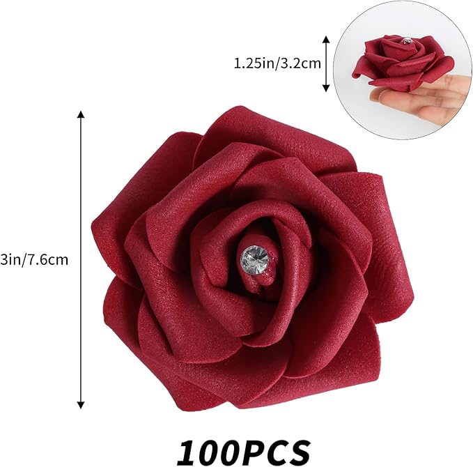 IPOPU 100PCS Burgundy Rose Artificial Flower Heads, 3in Real Looking Stemless Foam Roses Fake Flowers Bulk with Crystal for DIY Craft Wedding Bouquets Arrangements Party Home Decorations(Burgundy)