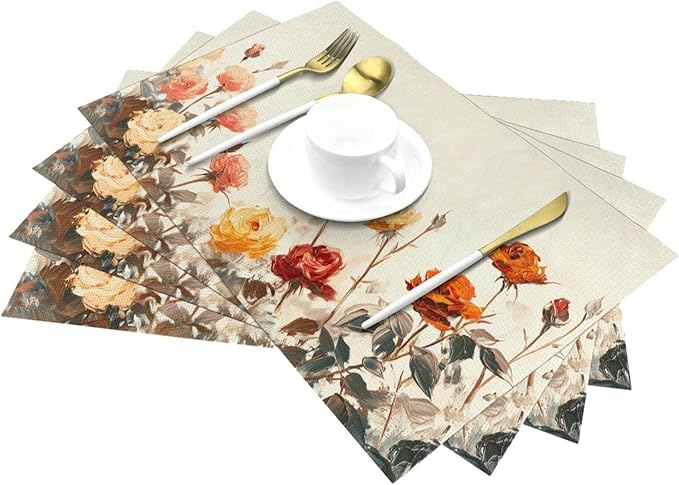 Placemats Set of 4 PVC Woven Place Mats Heat Resistant Easy to Clean for Indoor Outdoor Party Kitchen Dining Table Decoration 12"x18",Vintage Rose Pattern