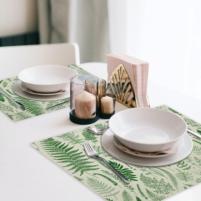 Vintage Leaves Placemats Set of 4, 17x12 Inch Green Boho Abstract Aesthetic Tropical Botanical Leaves Modern Art Printed Table Mats for Home Party Kitchen Dining Decor
