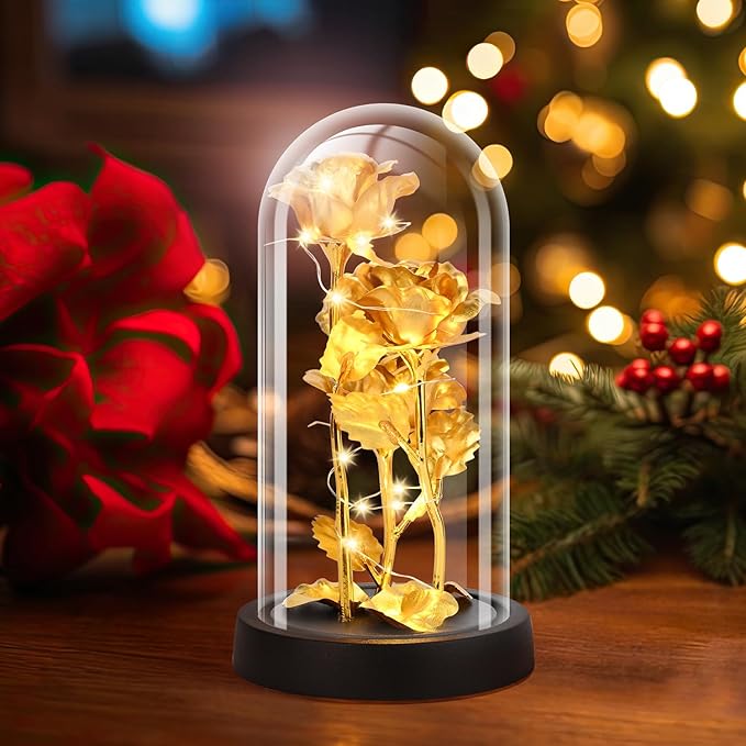 Glass Rose Flower for Women, Birthday Gifts for Women,Rose Flower Gifts for Mom, Red Light Up Rose in A Glass Dome,Rose Gifts for Mom Her Christmas, Anniversary, Wedding, Valentines (Gold)