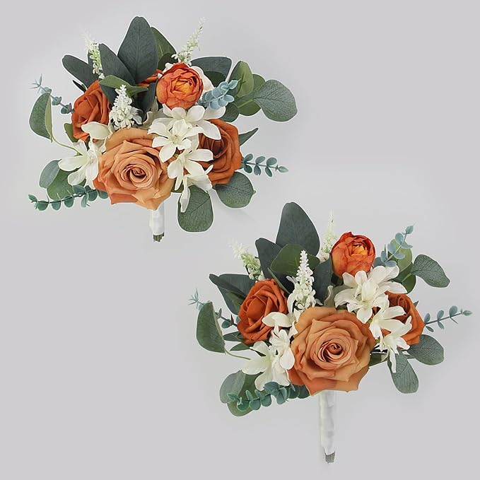 Rinlong 1Pc Fall Wedding Bouquets for Bridesmaids Burnt Orange Sage Artificial Bridesmaid Bouquet for Wedding Prom