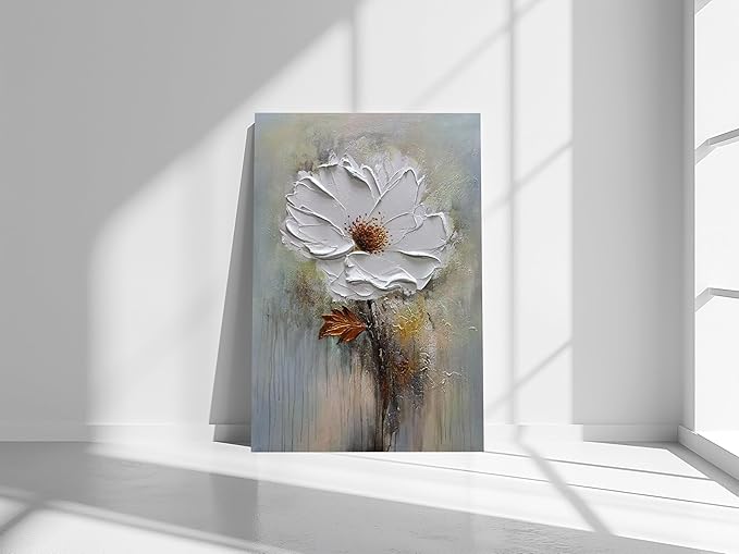 moshinart 24 x 36in Hand-Painted Oil Painting 3D Texture Black White Grey Modern Minimalist Black Abstract Wall Art, Home Office Wall Decoration White Flower