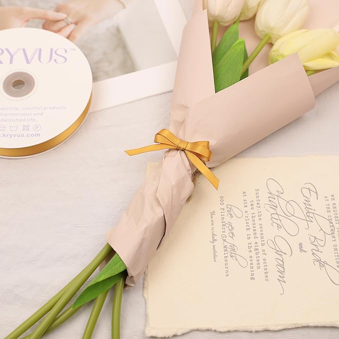 Old Gold Satin Ribbon, Double Faced 1/4 Inch X 50 Yards Old Gold Ribbon, Premium Satin Ribbon for Gift Wrapping, Crafts, Hair Bow Making, Sewing, Flower Bouquet, Wedding Party Decor