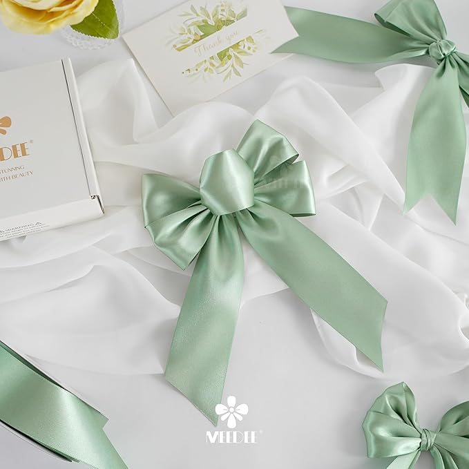 MEEDEE Sage Satin Ribbon 2 Inch Light Green Ribbon Double Faced Satin Ribbons by 25 Yards Silk Luxurious Green Ribbons for Crafts, Cake Decoration, Weddings, Flower Bouquet