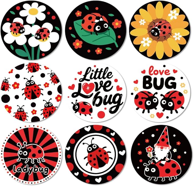 ANATTASOUL Coasters Set of 9 Ladybug and Flowers Pattern Colorful Wooden Coasters Bulk Round Housewarming Gift for New Home, 3.9" Decorative Coffee Table Protection for Farmhouse Bar House Decor
