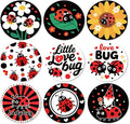 ANATTASOUL Coasters Set of 9 Ladybug and Flowers Pattern Colorful Wooden Coasters Bulk Round Housewarming Gift for New Home, 3.9" Decorative Coffee Table Protection for Farmhouse Bar House Decor