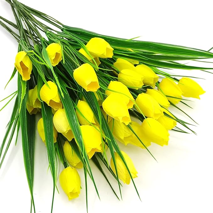 8 Bundles Outdoor Artificial Tulips Fake Flowers UV Resistant Faux Plastic Greenery Shrubs Plants for Home Outside Garden Porch Window Farmhouse Decor (Yellow)