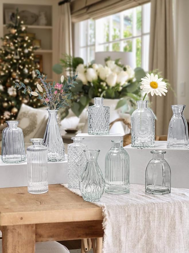 Glass Bud Vases Set of 10, Small Clear Vase in Bulk for Centerpieces, Mini Flower Vases for Rustic Wedding Vintage Home Table Decor
