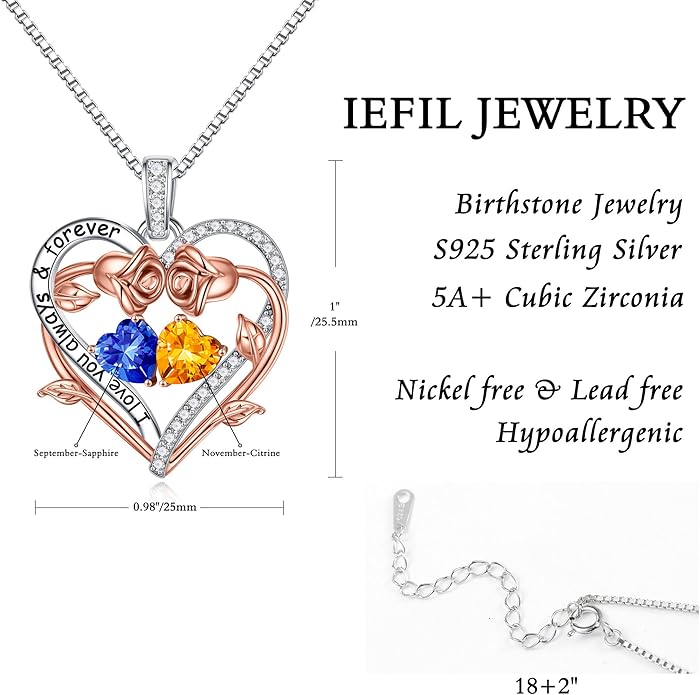 Iefil Rose Heart Double Birthstone Necklace Gifts for Wife Her Mom Women, Birthstone Jewelry Gemstone Birthday Gifts for Girlfriend Grandma Her Wife Women