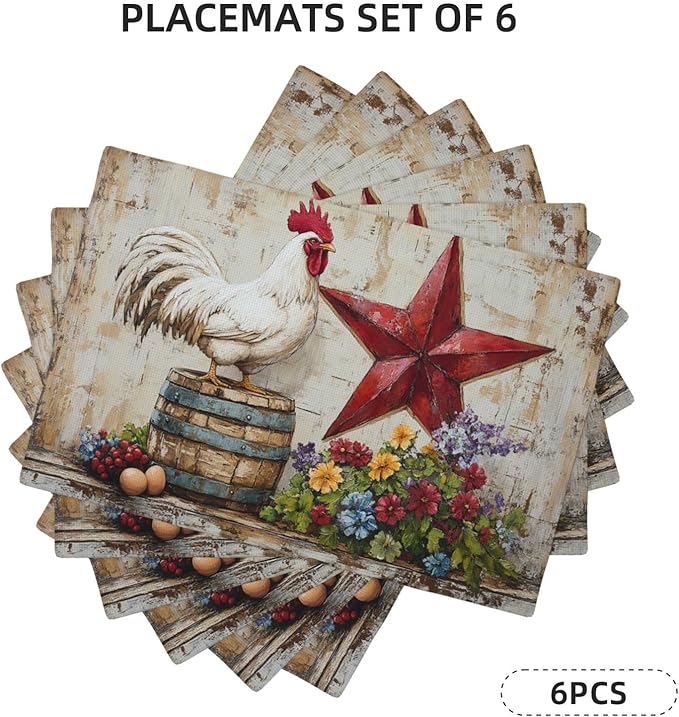 Farmhouse Chicken Placemats Set of 6 Washable Table Retro Rooster Heat-Resistant Cotton Linen Place Mats for Dining Table Kitchen Indoor Outdoor Party Holiday Decor