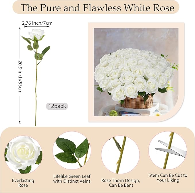 20Pcs Babys Breath Artificial Flowers Bulk, 12Pcs Fake White Roses Fake Flowers, DIY Wedding Flowers Bouquet, Realistic Faux Silk Flowers for Home Table Decor