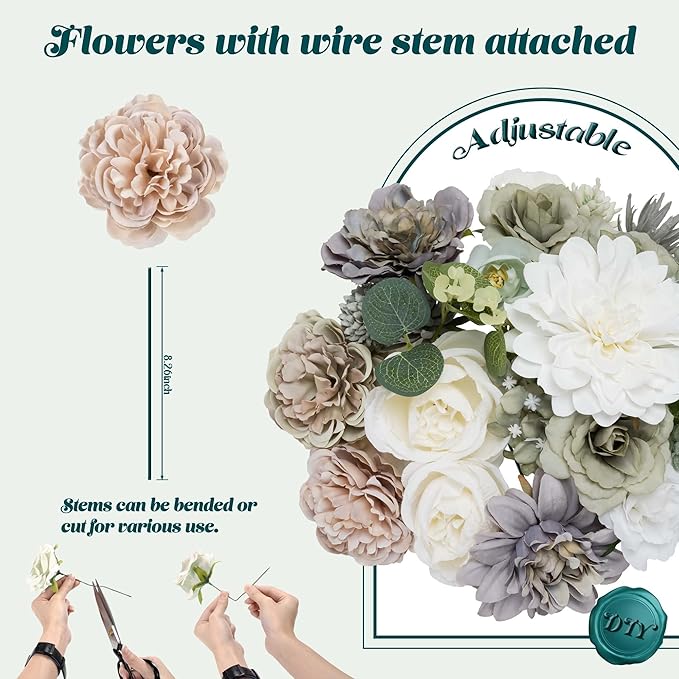 Artificial Flowers Combo Box, Fake Silk Foam Flower Mix with Wire Stem, DIY Wedding Bridal Bouquet Shower Party Home Décor (30-40 Pieces) (Dusty Green)