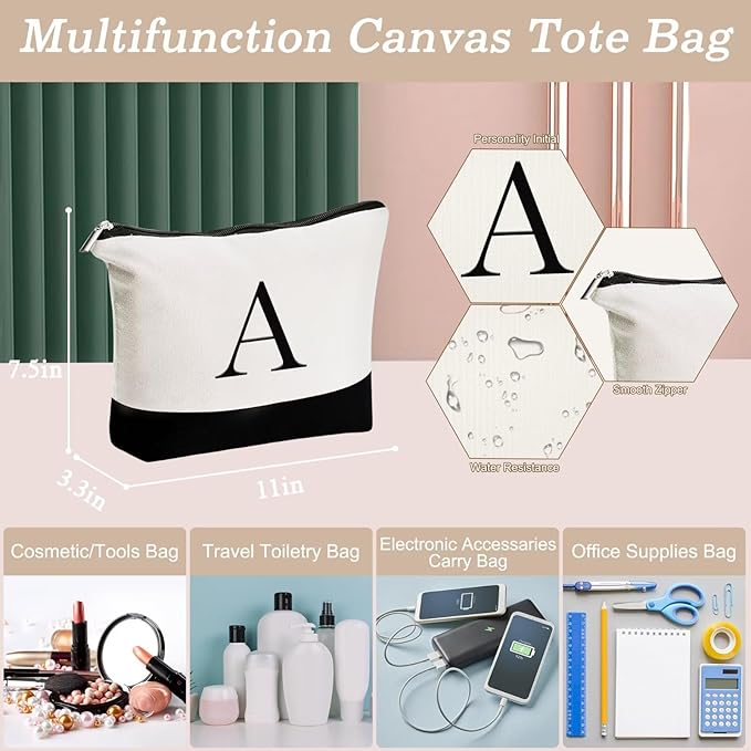YOOLIFE Christmas Gifts for Women - Initial Canvas Tote Bag & Makeup Bag, Birthday Gifts for Women Mom Sister Friends