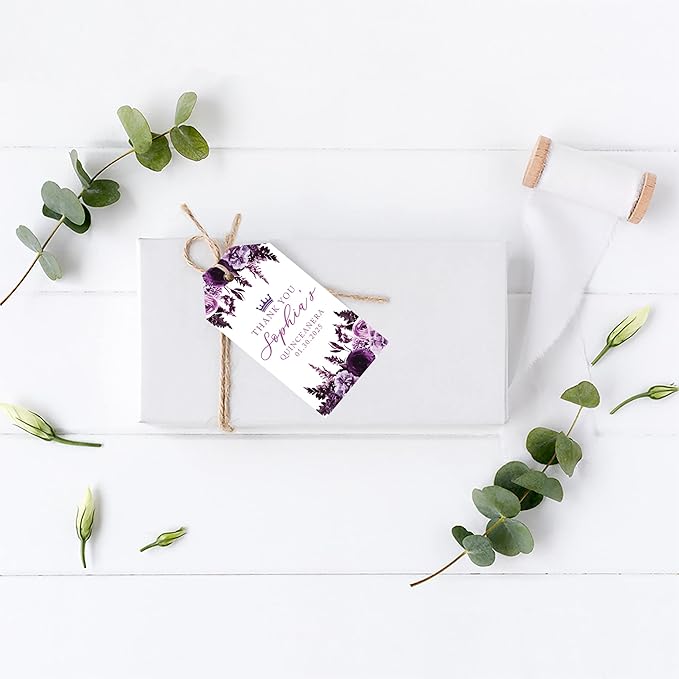 Andaz Press 40-Pack Personalized Quinceañera Favor Tags with String, Purple Florals Custom Classic Thank You Gift Tags for Quince Años XV 15th Birthday Favor Gifts Quinceanera Decorations
