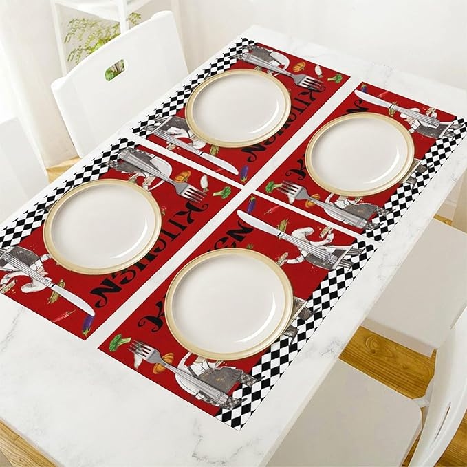 Chef Cooking Placemats Cartoon Rustic Vegetable Fruit Lattice Pastry Fat Chef Carrot Corn Gourmet Cookware Placemats Table Kitchen Dining Party 12x18 Inch Set of 4