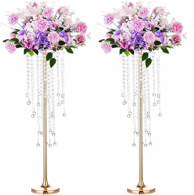 29.5in Elegant Tall Gold Wedding Centerpiece Stand, 2Pcs Metal Flower Candle Holder with Sparkling Crystal Beads,for Wedding Party Event, Birthday,Reception, Home Décor