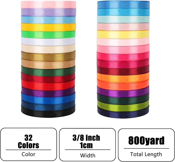 NESCCI 800 Yards Ribbon,3/8 Inch Satin Ribbon,Single Face Satin Ribbons, Perfect for Gift Wrapping,Wedding Decoration,Handmade Bows,Wrapping Bouquet and More