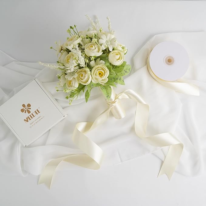 MEEDEE Ivory Satin Ribbon 1-1/2 Inch Ivory Ribbon Lux Double Faced Satin Ribbons by 50 Yards Beige Polyester Satin Ribbons for Crafts, Weddings, Flower Bouquet, Holiday Decorating