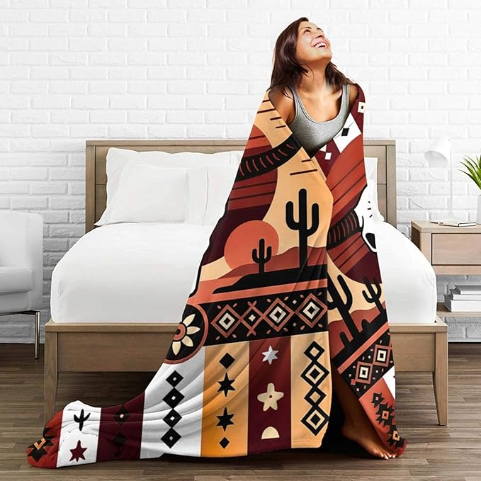 Western Boho Bull Skull Blanket Southwest Aztec Tribal Southwestern Navajo Throw Blanket Soft Cozy Fleece Fuzzy Stuffed Plush Flannel Gifts for Girls Women Boys Kids Adults 60''x80''