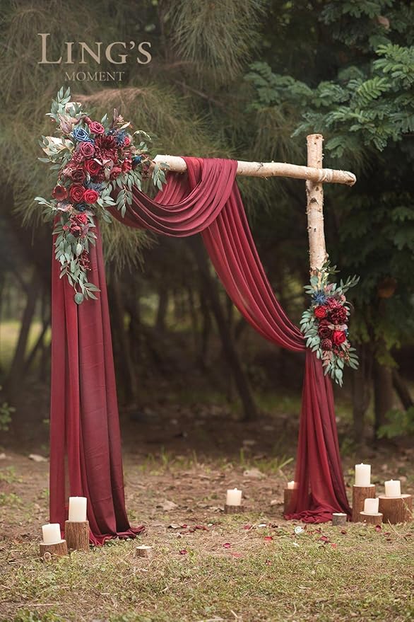 Ling's moment Burgundy Artificial Wedding Arch Flowers Kit Pack of 4, 2pcs Hanging Flower Arrangement 2pcs Chiffon Drapes Ceremony Reception Fake Rose Arbor Backdrop Floral Party Outdoor Decorations