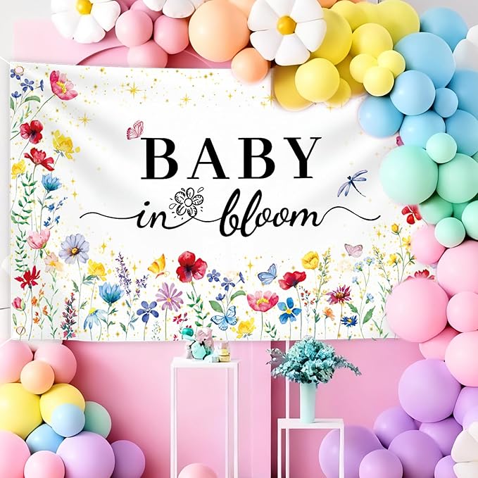 GodMax Baby in Bloom Backdrop Banner, Wildflower Baby Shower Decorations 3 x 5Ft Backdrop Banner Set