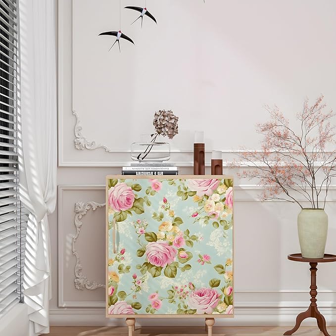 Blue Rose Wallpaper Peel and Stick Boho Wallpaper 17.5in x 9.8ft Vintage Floral Contact Paper Vinyl Self Adhesive Removable Modern Floral Wall Paper for Bedroom Shelf Liner Cabinet Decor