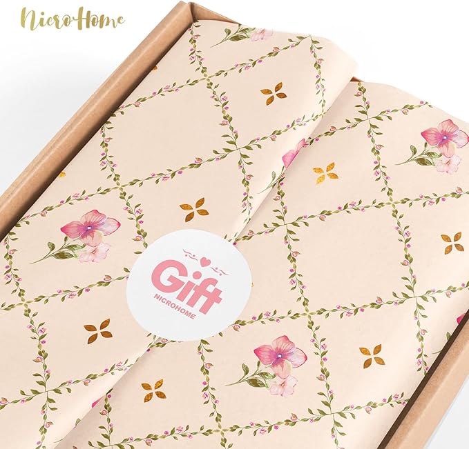 NICROHOME EUR 24 Sheets Floral Tissue Paper, Sage Green and Pink Small Tissue Wrapping Paper for Gift Bags, Birthday, Wedding, Flower Bouquet, Bridal Shower, Christmas Gift Tissue Paper 15x20Inch