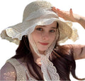 Ladies Wide Brim Beach Straw Hat Summer Vacation Sun Protection Hat Braided Lace Edge Hat Soft Foldable Lightweight