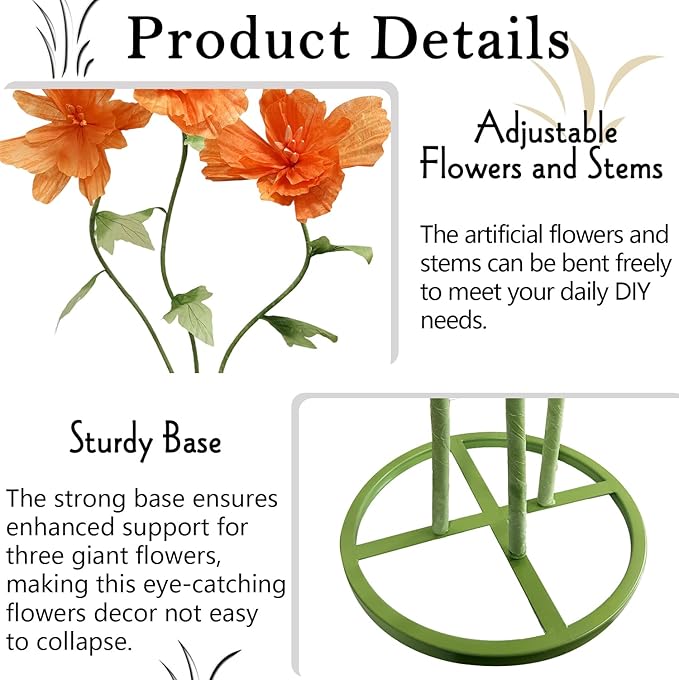 Giant Artificial Paper Flowers Decorations, Huge Realistic Faux Flower Large Wedding Reception Backdrop Home Office Indoor Outdoor Event Party Banquet Background Decor Photographic Props, Orange