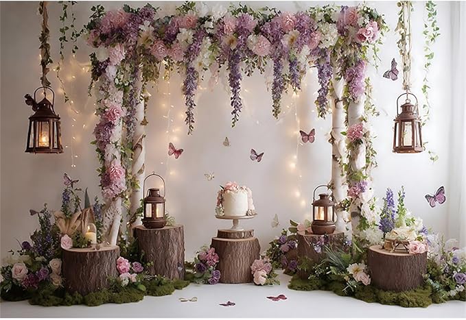 Baocicco Rustic Flower Wall Backdrops 8x6.5ft Farmhouse Wedding Background Photography Baby Shower Bridal Shower Backdrop Purple Floral Wooden Butterfly Backdrop Kids Adults Portraits Studio Props