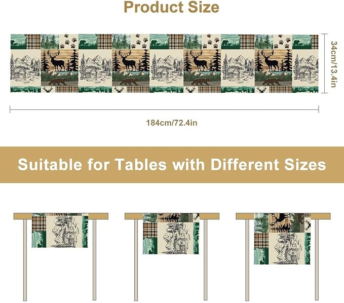 Rustic Cabin Table Runner, Farmhouse Deer Bear Retro Pine Forest Wooden Plank Wild Animal Seasonal Coffee Table Center Decor for Home Kitchen Dining Holiday Party Table Decorations 13x108 inches
