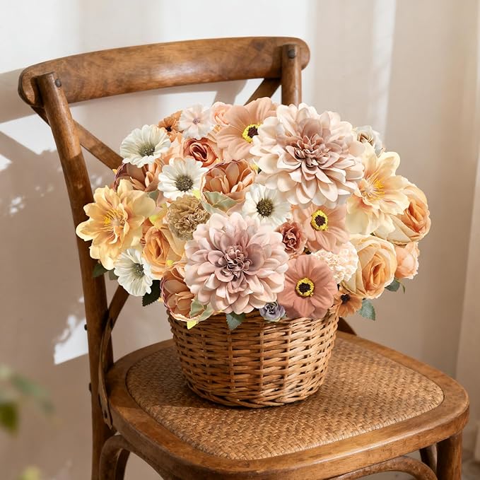 Fake Flower Heads Mini Artificial Flower Brown Faux Dahlia Rose Flowers for Crafts Cake Blossom Wreath Bouquets for Wedding Bridal Party Baby Shower Graduation Season Home Decor