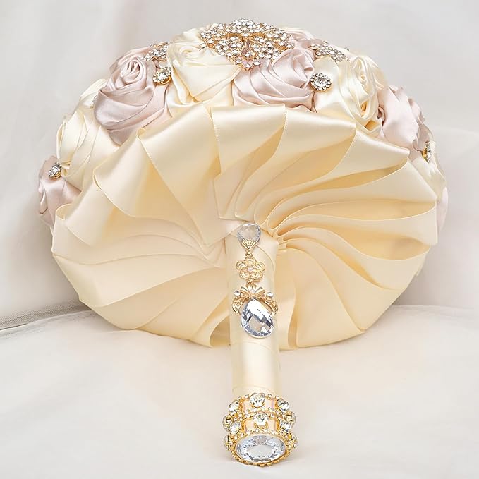 Handmade Satin Rose Floral Bling Pearl Decor Bridal Wedding Bouquet Rhinestone Pendant Artificial Brooch Flowers for Bride Bridesmaid Quinceanera