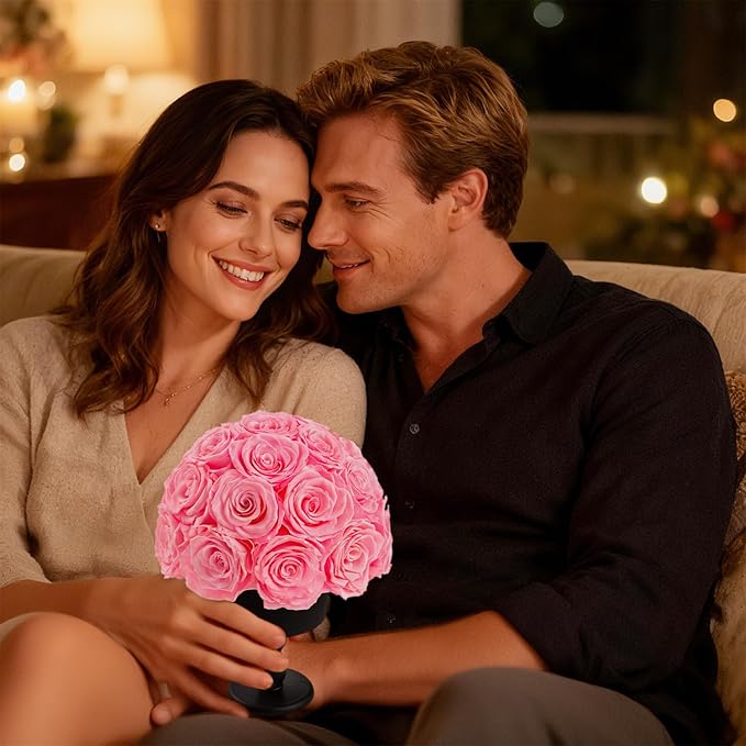 Eternal Rose Dome with Vintage Pedestal, 23 Forever Preserved Roses Arrangement for Home Decoration, Ideal Gift for Christmas,Valentine's Day, Mother's Day, Birthdays-Pink