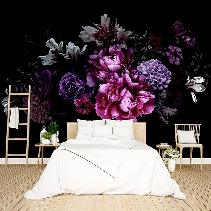 Black Peony Floral Wallpaper Bedroom Purple Botanical Flowers Leaf murals Living Room tv Background Large Wall Mural Aesthetic Room Decor - 91"x65" Not Peel and Stick