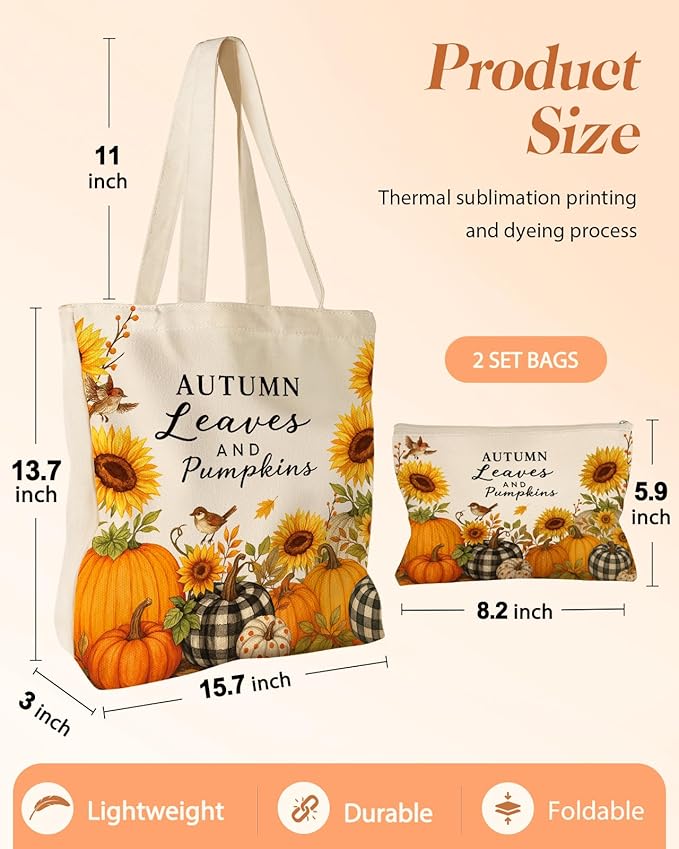 2 Pack Canvas Tote Bag - with Makeup Pouch Aesthetic Cute Women Reusable Canvas Bag for Shopping, Work, Travel