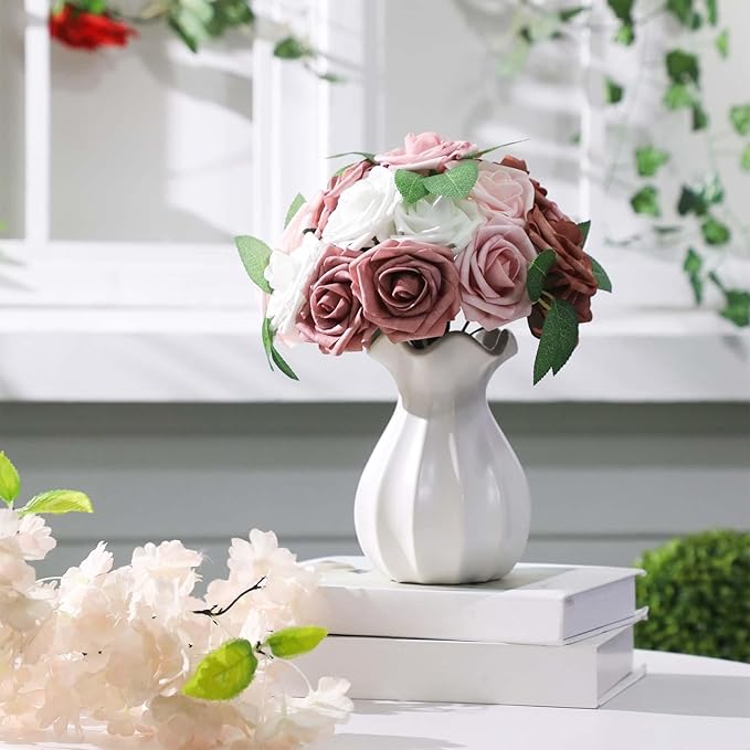 100 Pieces Artificial Foam Rose Flowers Faux Bouquet with Leaves and Stems for DIY Wedding Bouquets Centerpieces Bridal Shower Party Valentine Home Decorations(Shades of Dusty Rose)