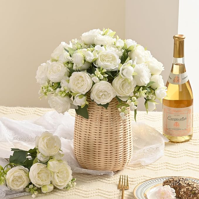 MARTINE MALL 4 Packs Peonies Artificial Flowers, White Artificial Peonies, Silk Peonies Flowers Fake Peonies Artificial Flowers Peonies Bouquet for Centerpiece Table Wedding Party Home Decor