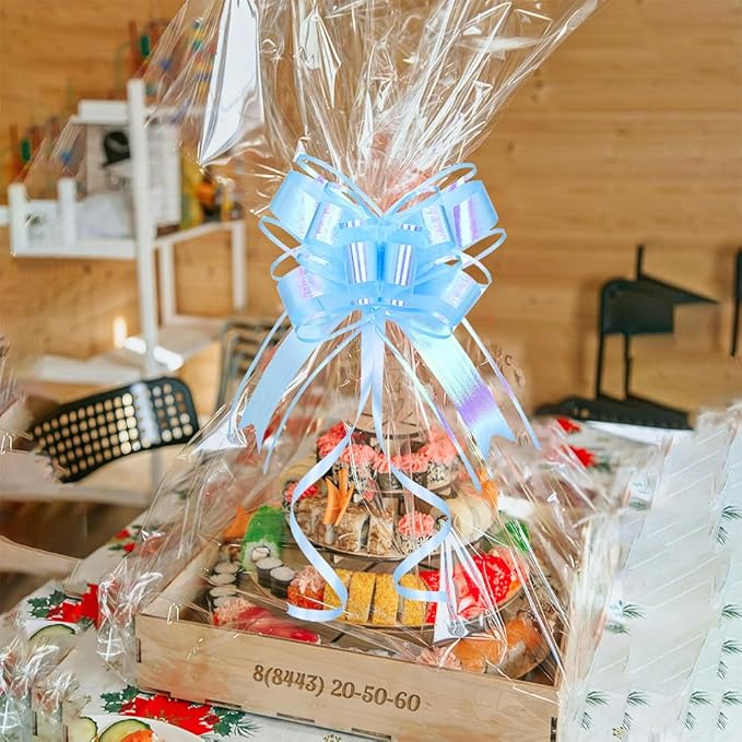 Present Bows for Gifts, Iridescent Blue Pull Bow for Baskets, Flower Bouquet, Paper, Gift Bag, Box, Baby Showers, Hanukkah(6 inches, 10PCS)