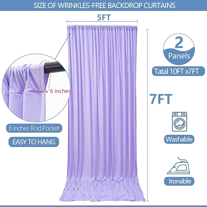 10x7ft Wrinkle Free Lavender Backdrop Curtain for Parties Soft Fabric Drapes Wedding Curtain Backdrop for Birthday Party Decorations Background for Photography 5x7ft,2 Panels