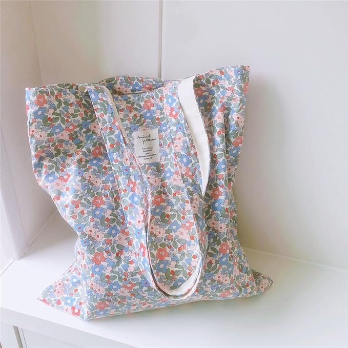 Cotton Canvas Tote Bag Reusable Soft Grocery Cloth Bag Floral Shoulder Bag for Beach Travel Shopping