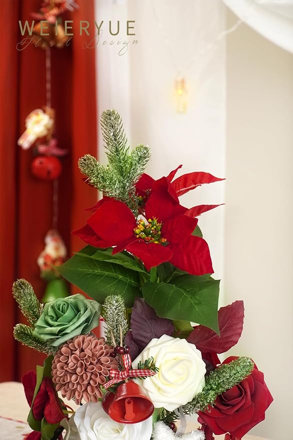 Artificial Flower Box Set Christmas red Themed Floral Decorations，Silk Fake Flowers for DIY Centerpieces Cake Decorations, Xmas Wreath Floral Arrangements Party (Merry Christmas Red)