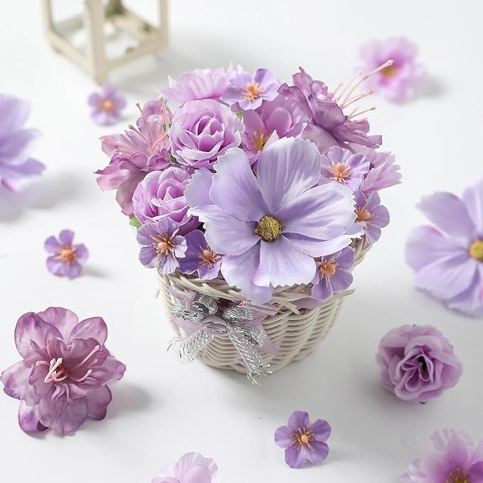 210Pcs Mini Fake Flower Heads Purple Small Silk Faux Flower Heads Artificial Rose Daisy Multicolor Flowers Bulk for Cake Crafts DIY Graduation Cap Wedding Hair Dresses Wreath Party Home Decor