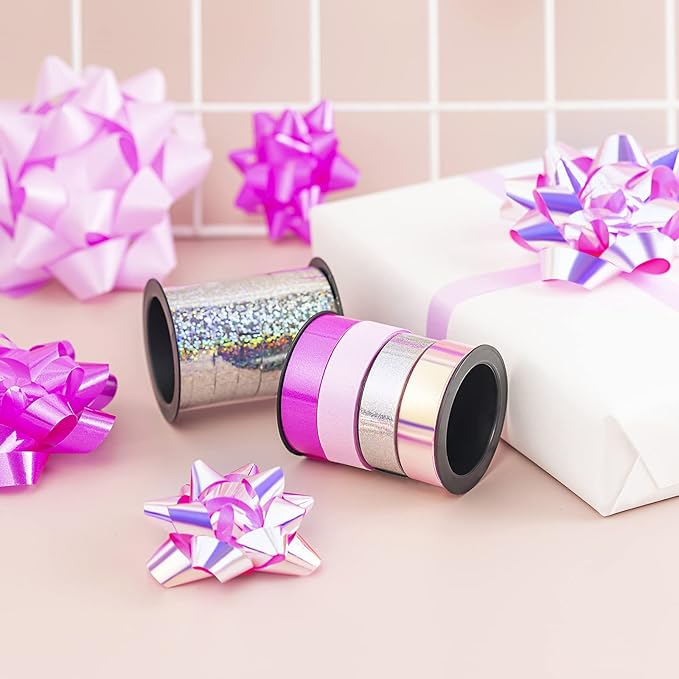 WRAPAHOLIC 16 Pcs Gift Bows Assortment - 14 Multi Colored Assorted Size Gift Bows (Pink, Fushcia, Silver) and 2 Crimped Curling Ribbons, Perfect for Christmas, Holiday, Party