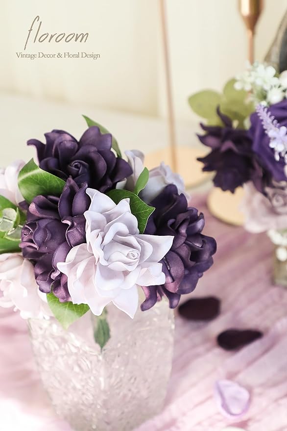 Floroom Artificial Gardenia Flowers 2.7" 25pcs Real Looking Lilac & Purple Foam Fake Flowers with Stems for DIY Wedding Bouquets Bridal Shower Centerpieces Floral Arrangements Party Tables Decorations